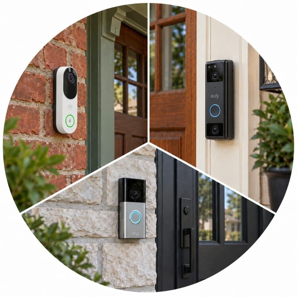 Side-by-side collage of three video doorbells for Memphis homes: Alarm.com ADC-VDB775 on brick, Eufy dual-camera doorbell on white siding, and Ring wired doorbell on stone.